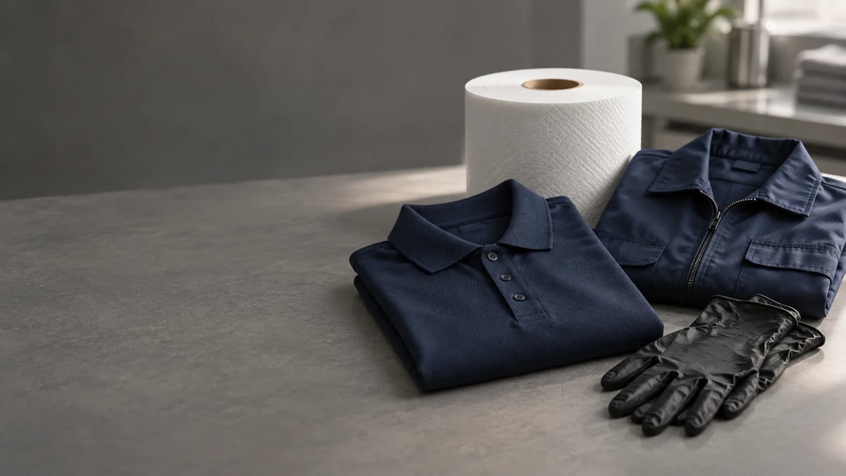Ropa laboral azul marino doblada, guantes negros y una bobina blanca de papel sobre una mesa de trabajo
